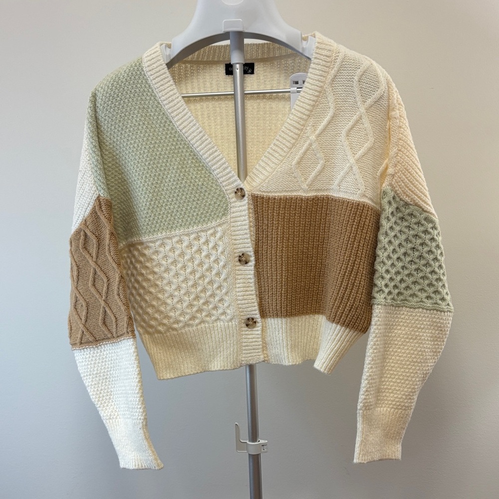 NWT Originality Patchwork Knit Cardigan Cream Green Brown Crop Sz Medium